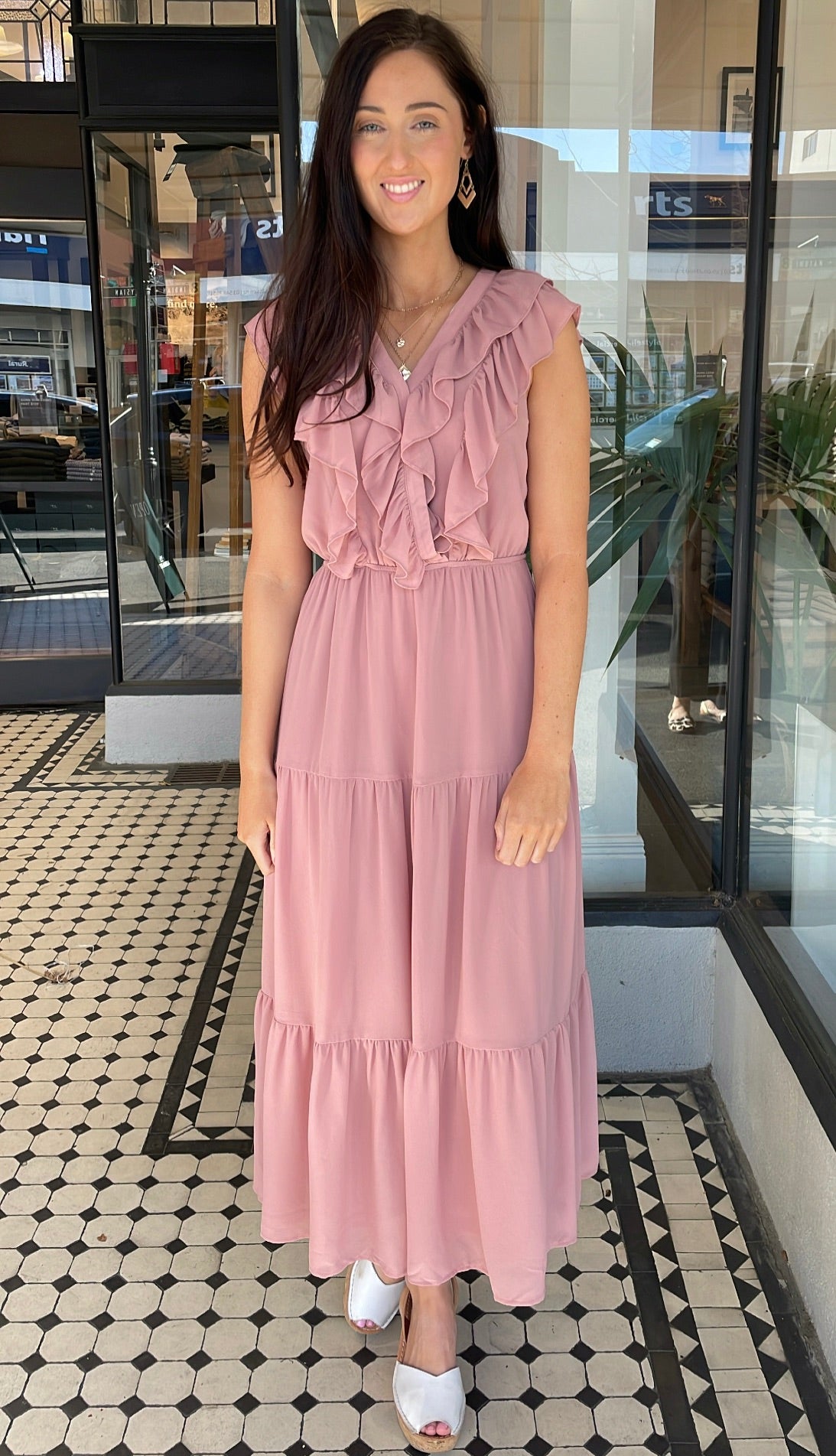 Serena Chiffon Tiered Midi Maxi Dress Dusty Rose