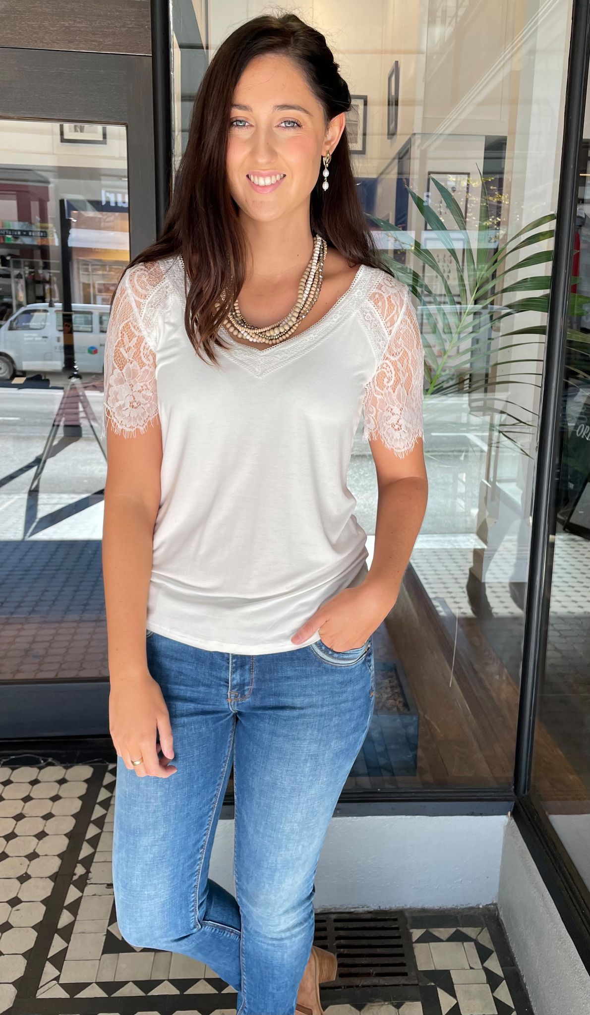 Lacey Lace V-neck Top Off White