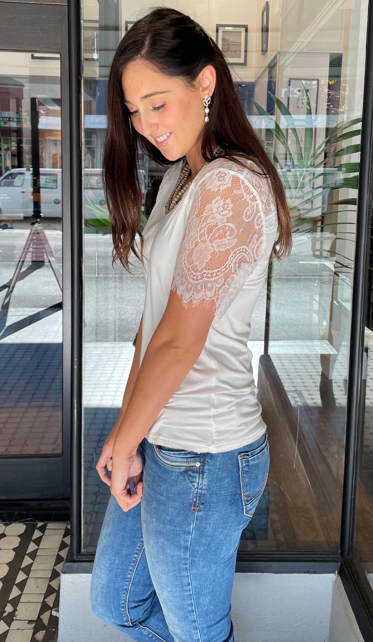 Lacey Lace V-neck Top Off White