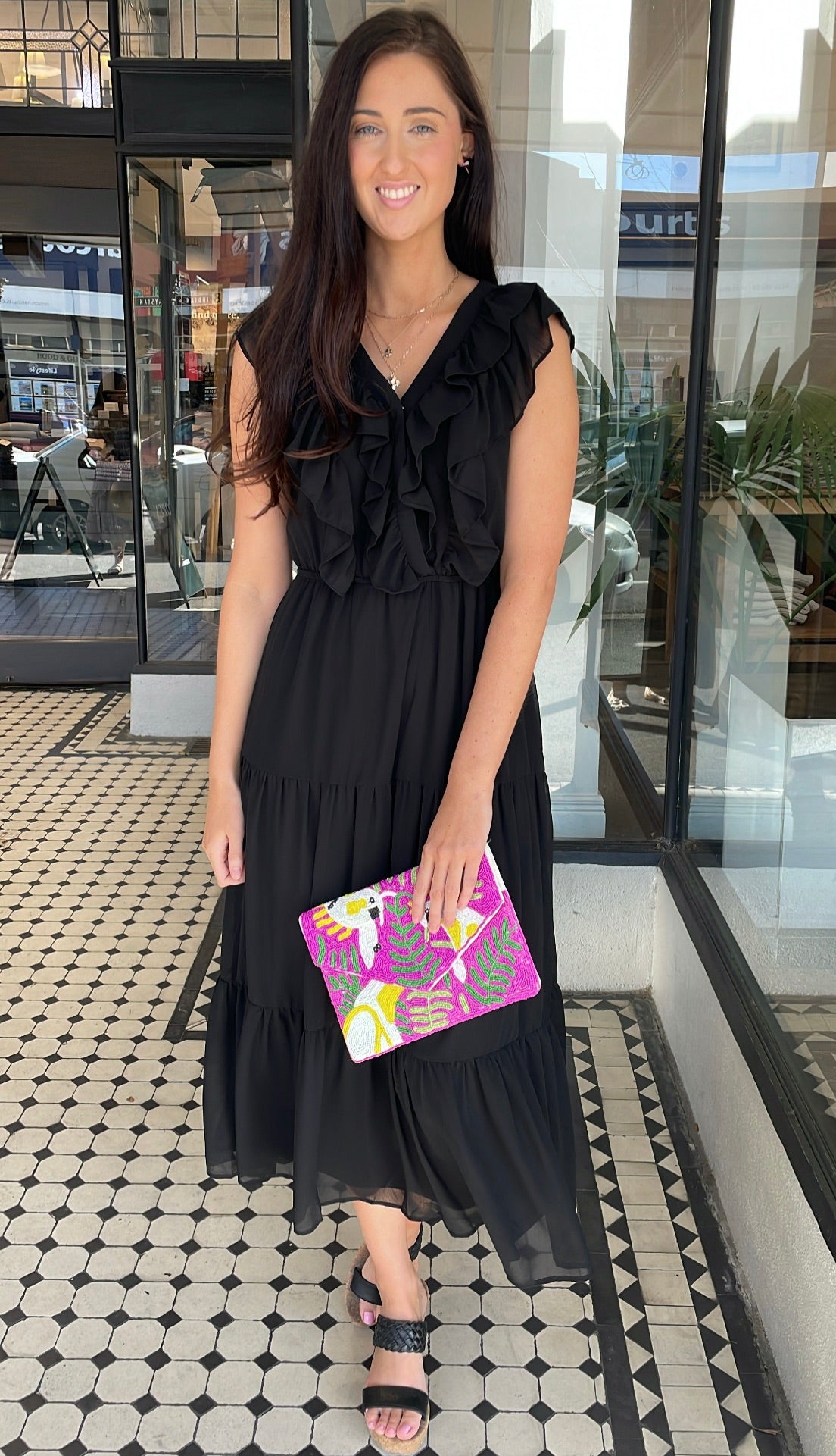 Serena Chiffon Tiered Midi Maxi Dress Black