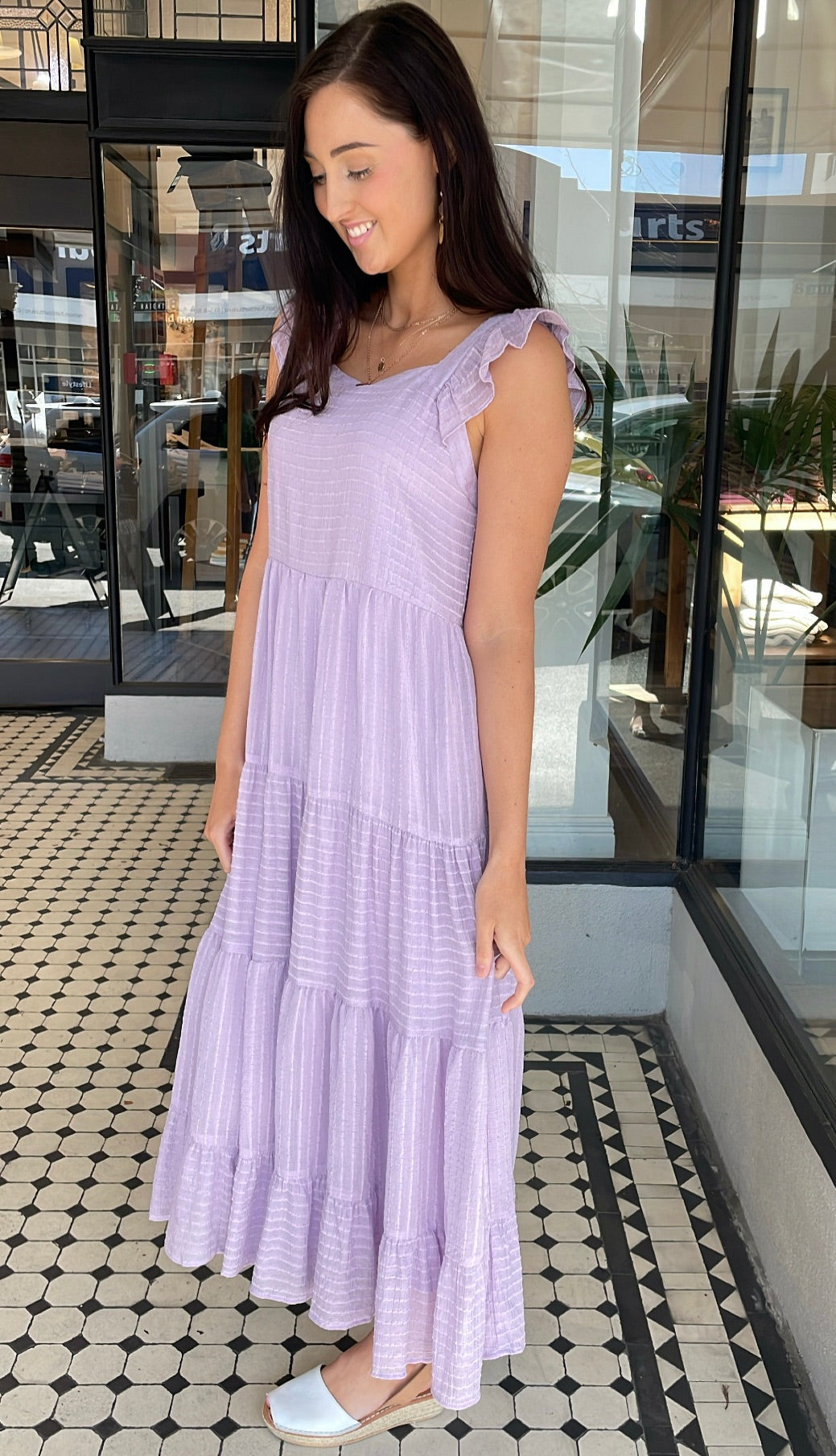 Iris Textured Tiered Midi Dress Lilac