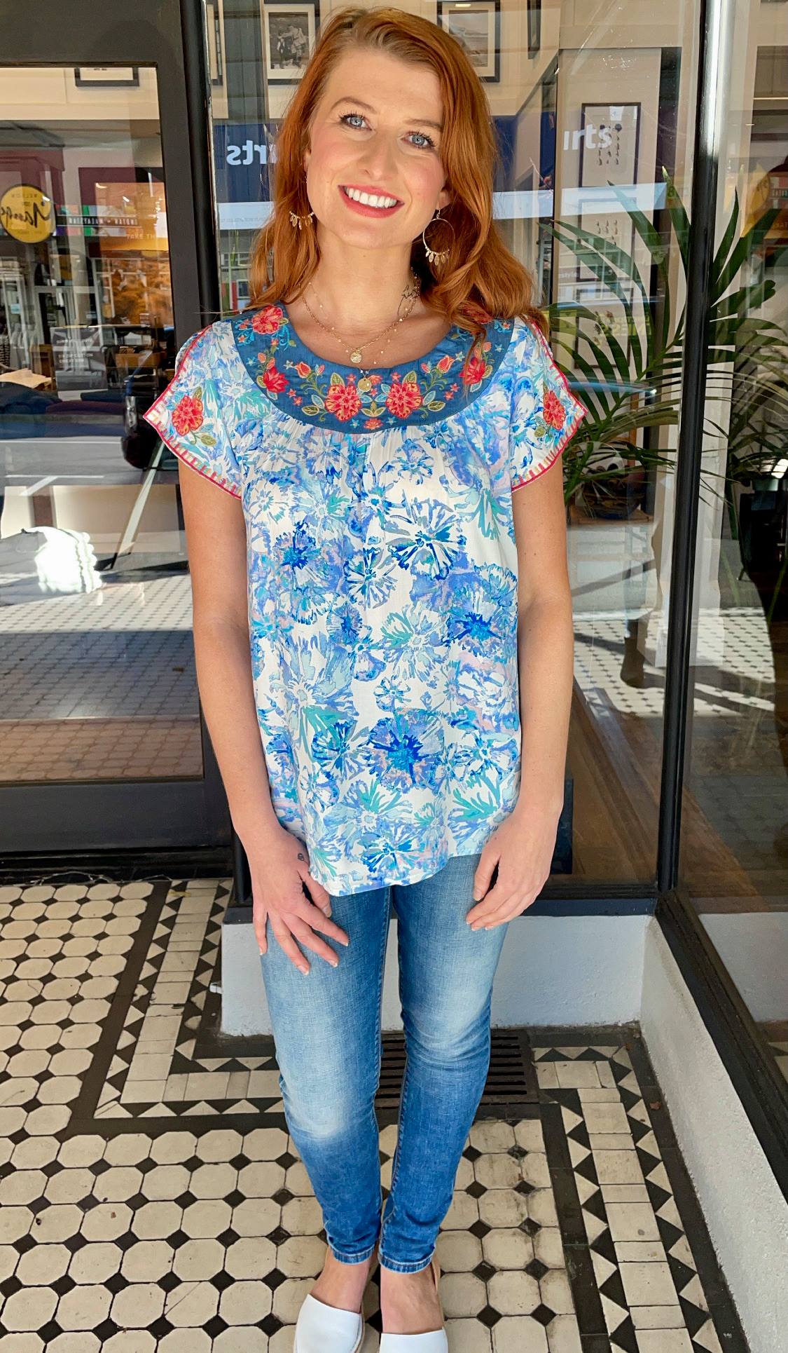 Letty Watercolour Embroidered Top Blue