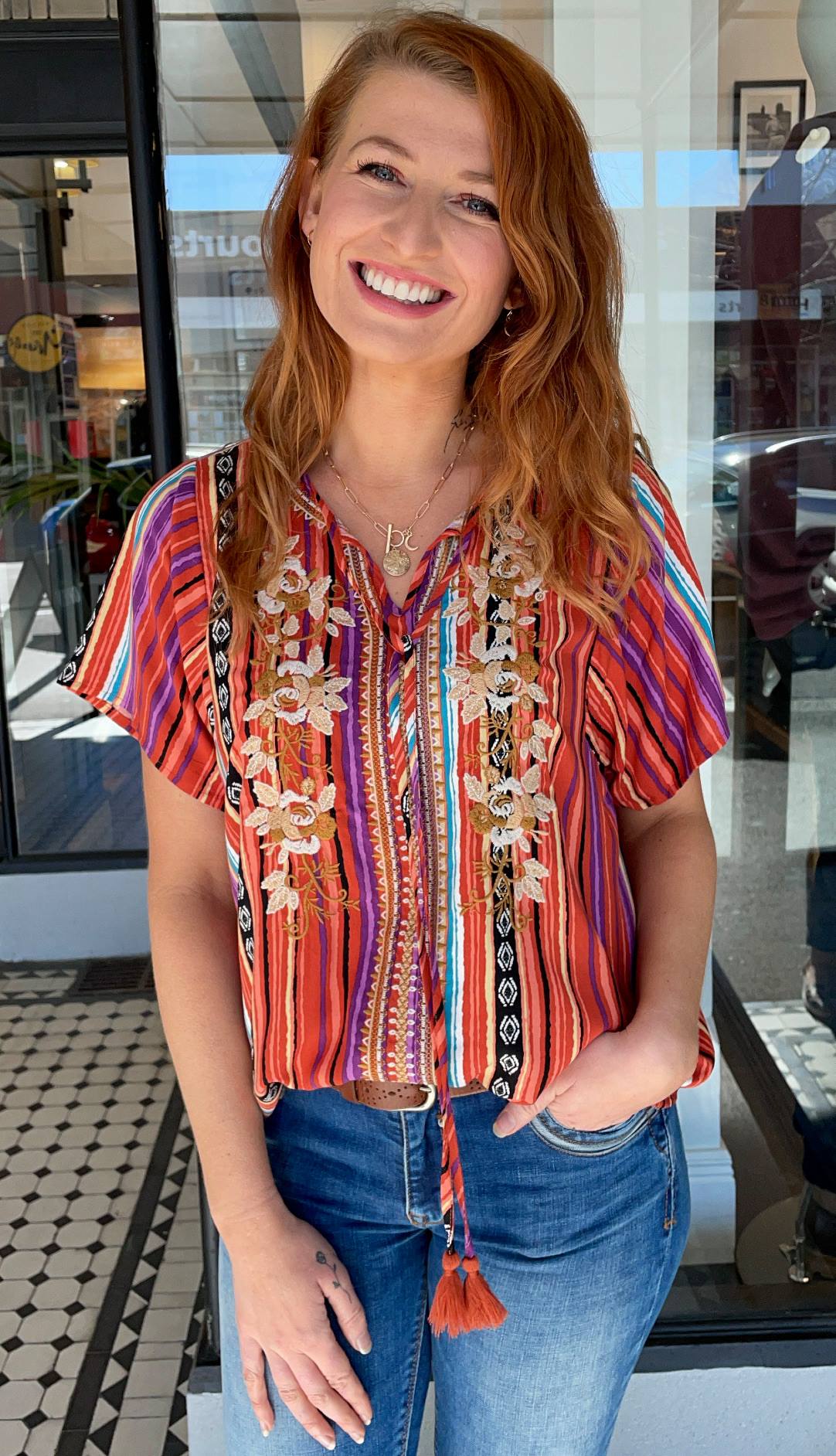 Mexicali Embroidered Tie Front Top Multi