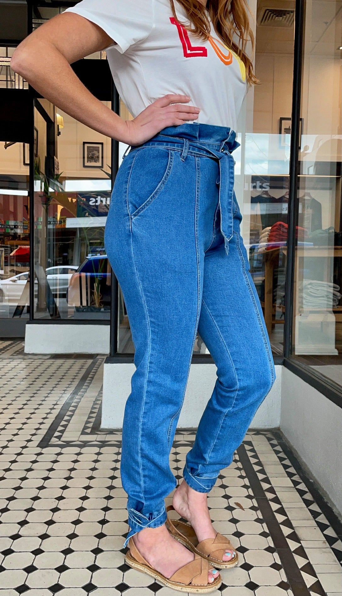 High Paperbag Waisted Jeans Mid Blue