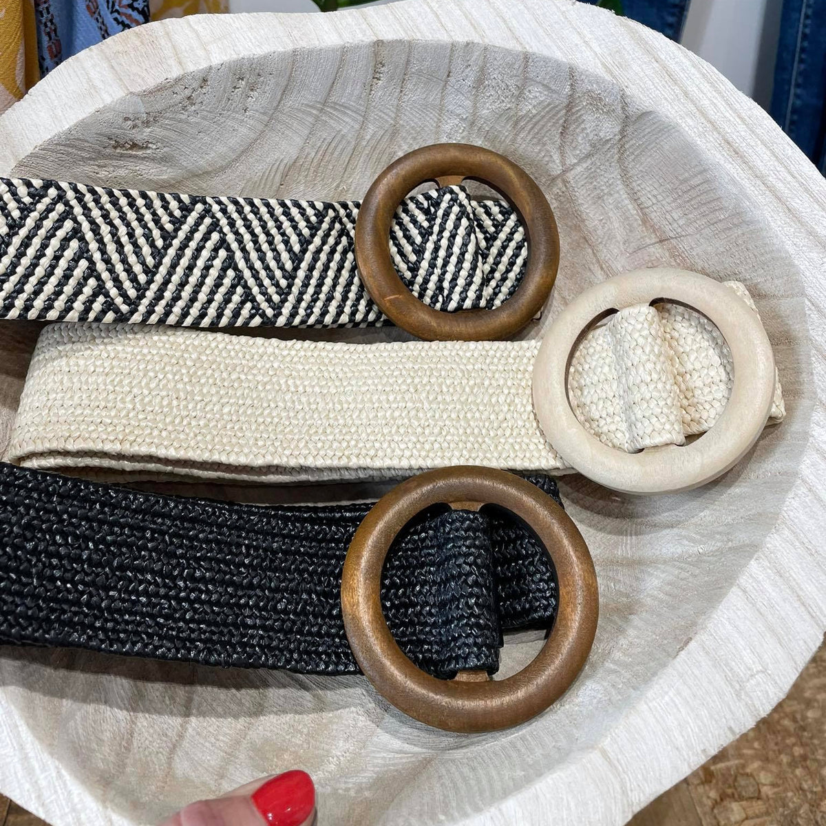 Belt016 Woven Belt Wood Circle Zig Zag