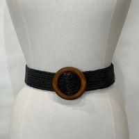 Belt016 Woven Belt Wood Circle Buckle Black