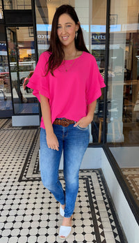 Jaz Ruffle Sleeve Top  Hot Pink
