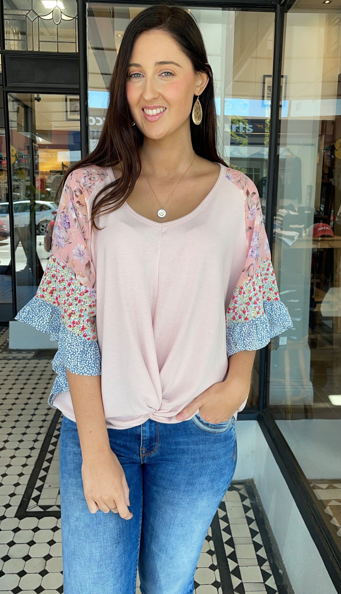 Myla Mixed Print Knot Front Top Pink