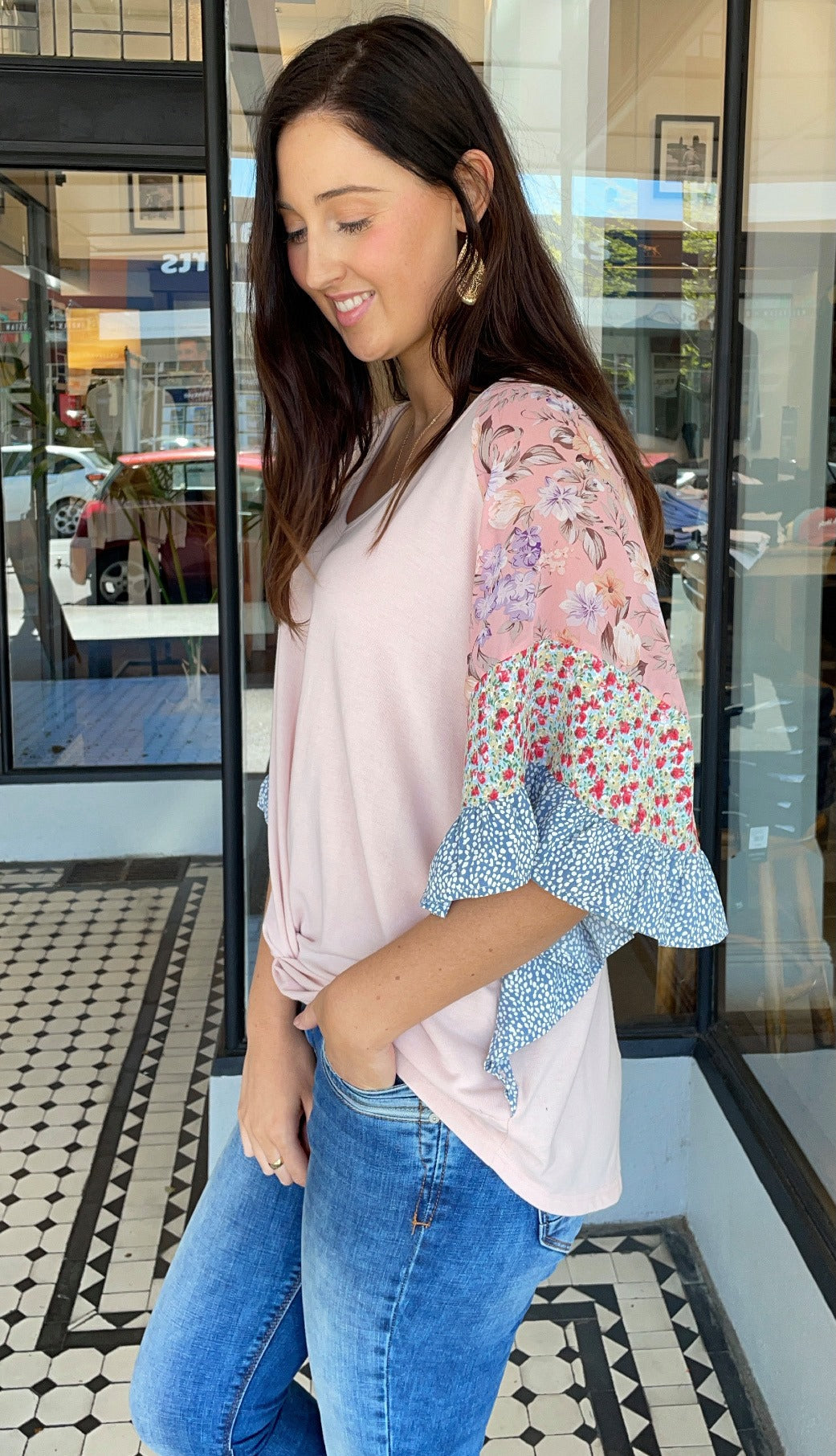 Myla Mixed Print Knot Front Top Pink