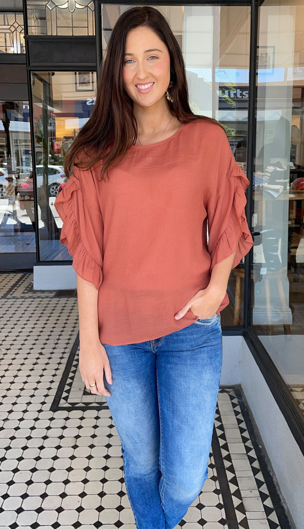 Alexa Ruffle Sleeve Top Terra Cotta
