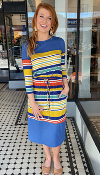 Becky 3/4 Sleeve Midi Dress Mustard Stripe