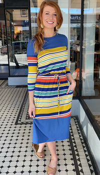 Becky 3/4 Sleeve Midi Dress Mustard Stripe