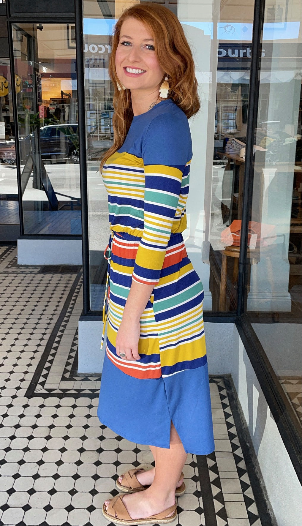 Becky 3/4 Sleeve Midi Dress Mustard Stripe