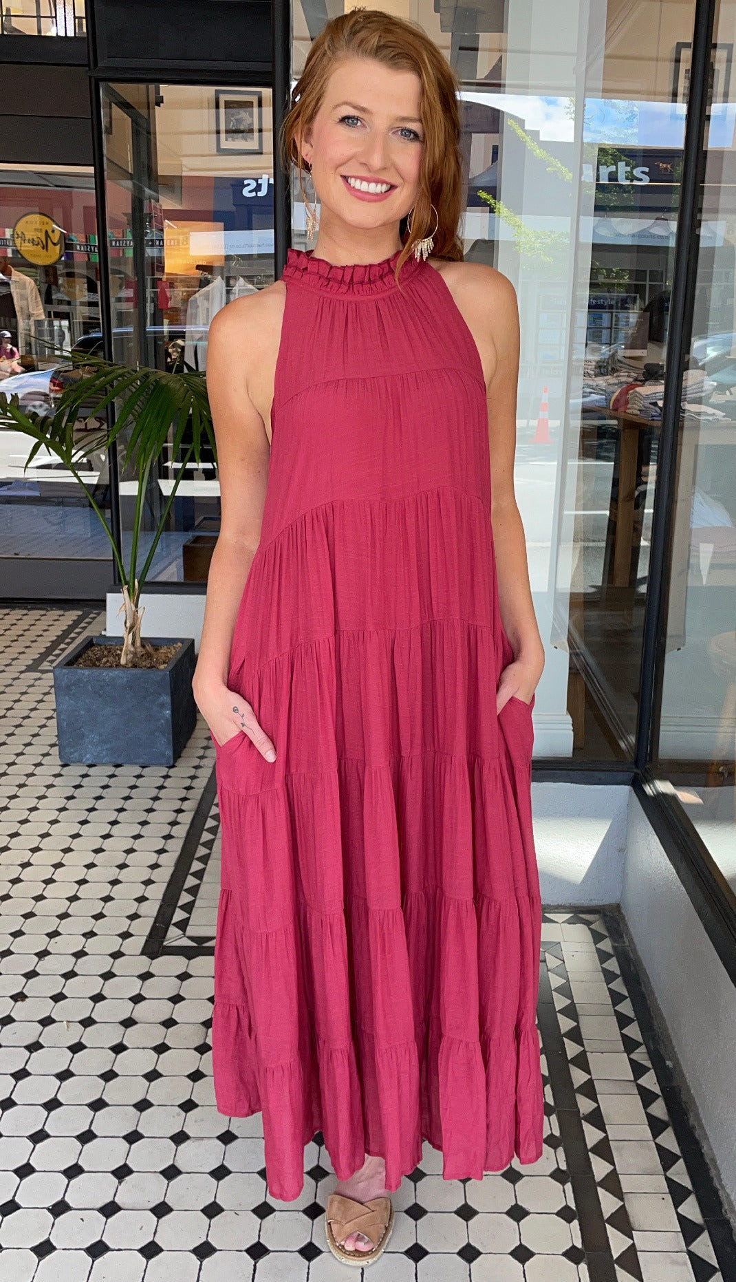 Juliette High Neck Tiered Maxi Dress Ruby