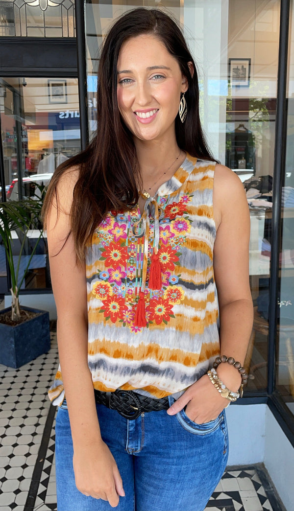 Tie Dye Embroidered Sleeveless Top Marigold