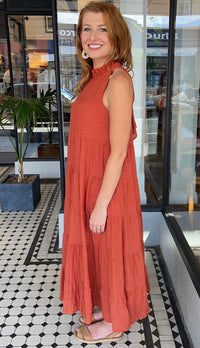 Juliette High Neck Tiered Maxi Dress Rust