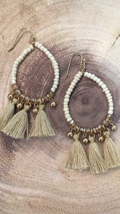 Beads & Mini Tassel Earrings  CREAM/GOLD