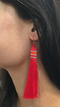 Long Tassel and Beaded Earrings  RED