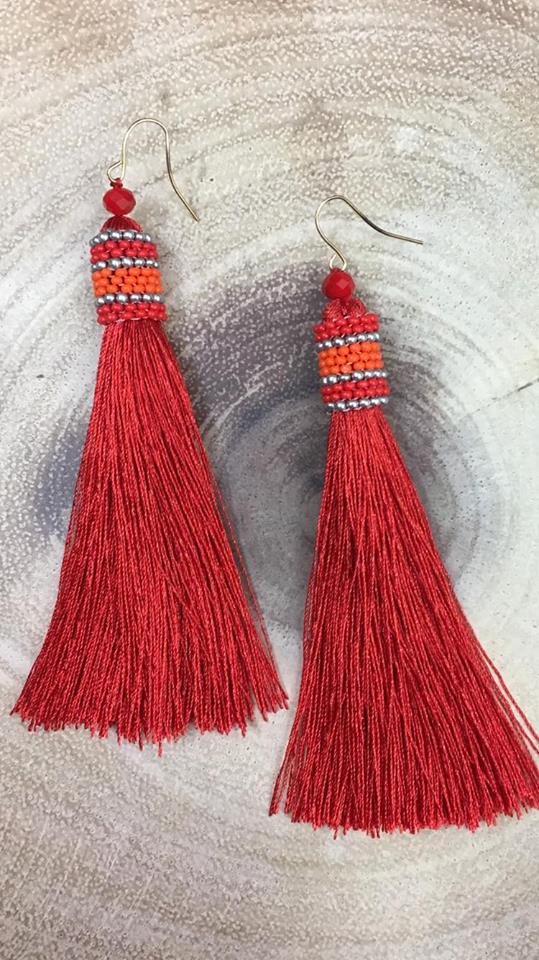 Long Tassel and Beaded Earrings  RED