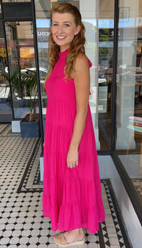 Juliette High Neck Tiered Maxi Dress Hot Pink