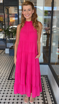 Juliette High Neck Tiered Maxi Dress Hot Pink