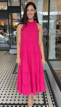 Juliette High Neck Tiered Maxi Dress Hot Pink