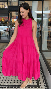 Juliette High Neck Tiered Maxi Dress Hot Pink