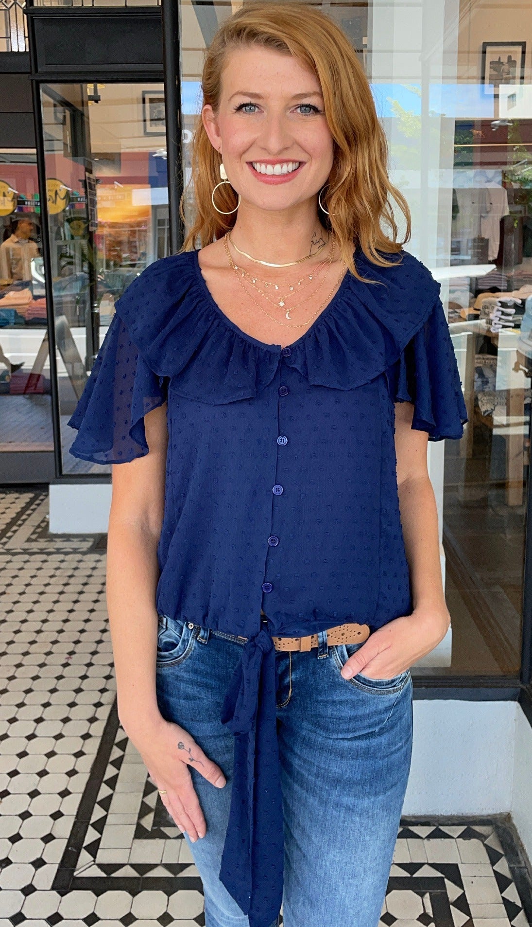 Blakely Button Down Swiss Dot Top Navy