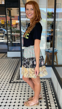 Floral Paisley Mixed Print Tiered Skirt Black