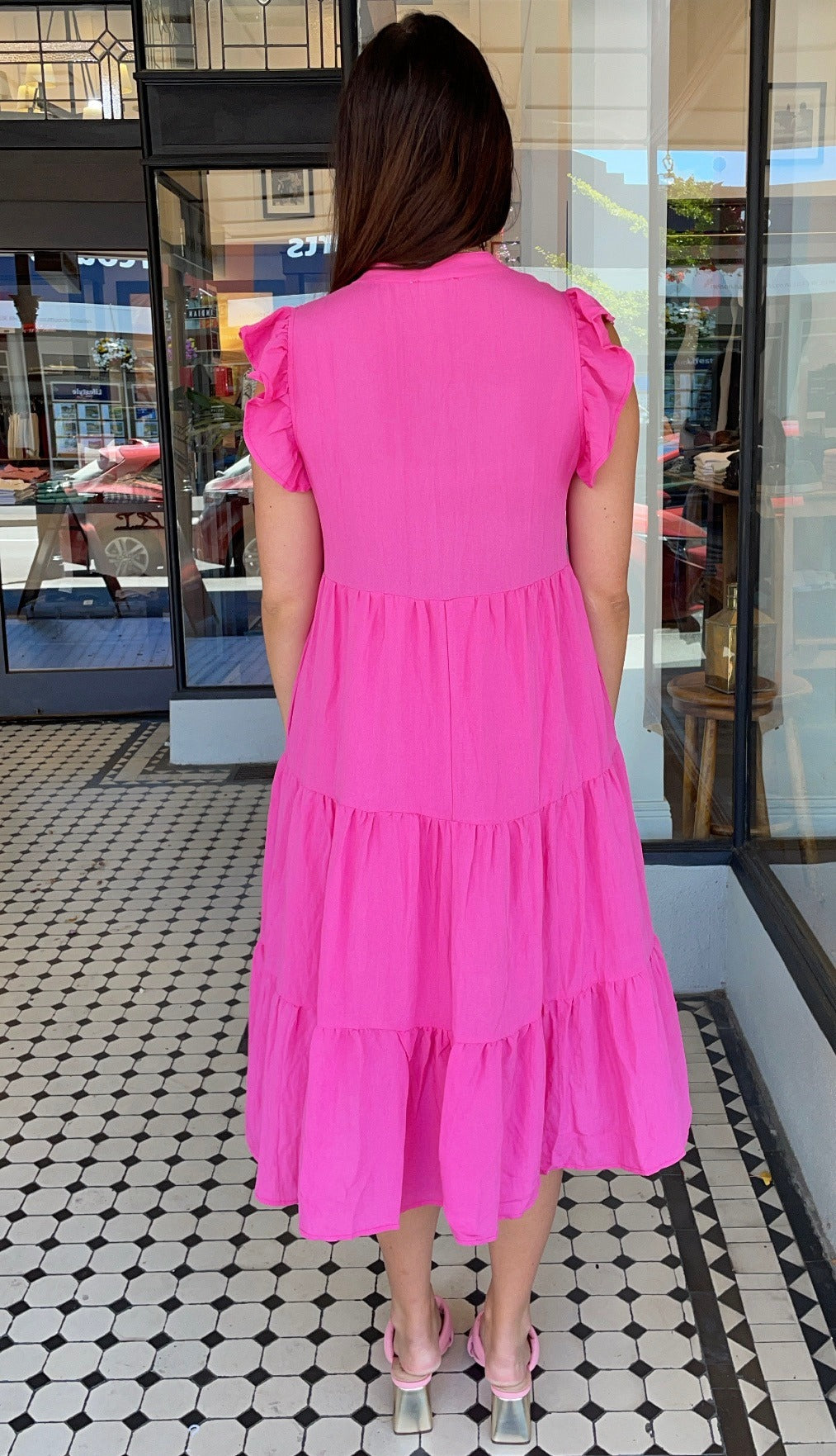 Jules V Neck Tiered Midi Dress Hot Pink