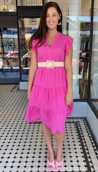 Jules V Neck Tiered Midi Dress Hot Pink