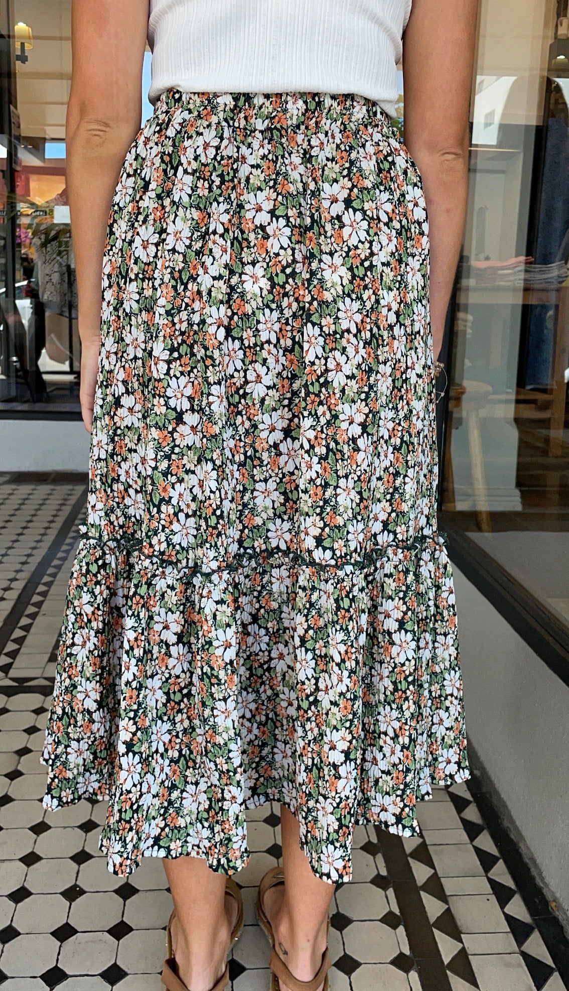 Alex Crinkle Pleated Skirt Floral Green
