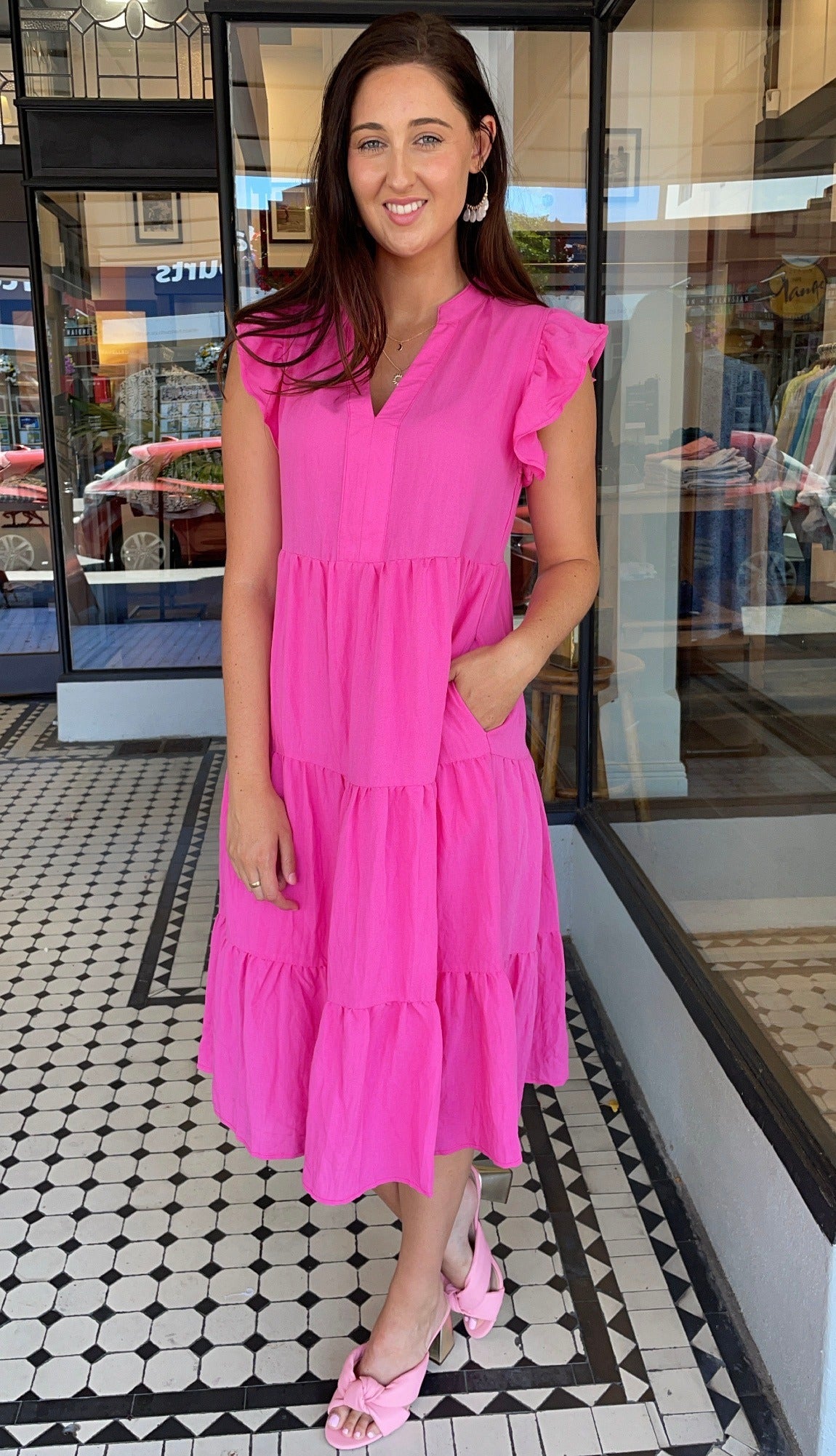 Jules V Neck Tiered Midi Dress Hot Pink