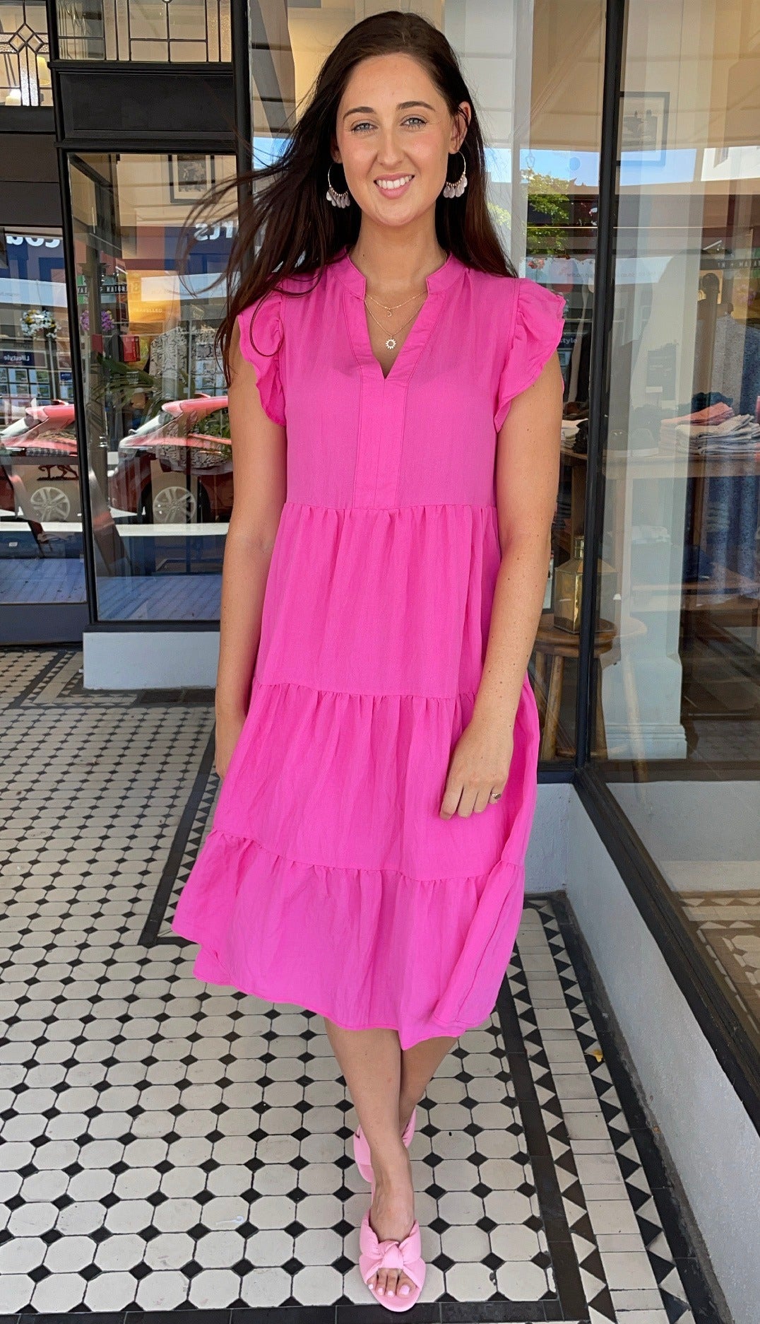 Jules V Neck Tiered Midi Dress Hot Pink