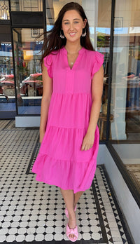 Jules V Neck Tiered Midi Dress Hot Pink