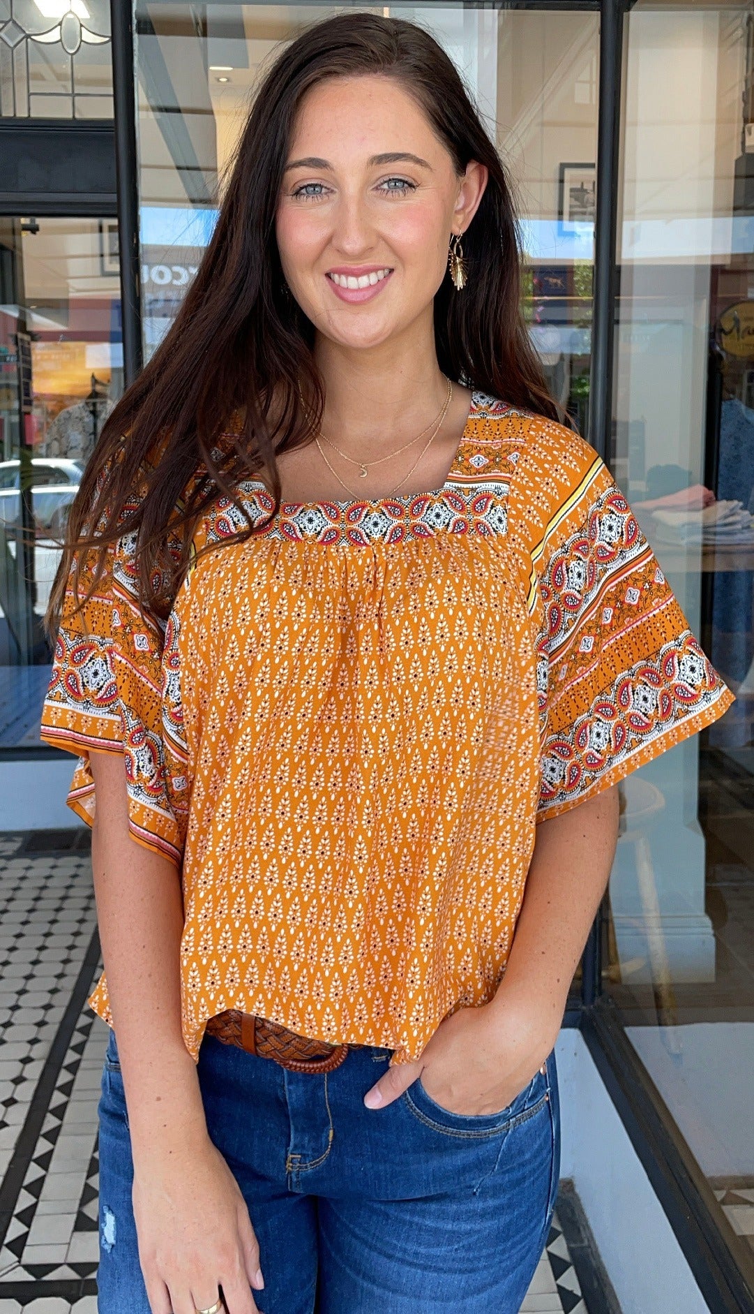 Priya Paisley Print Square Neck Top Pumpkin