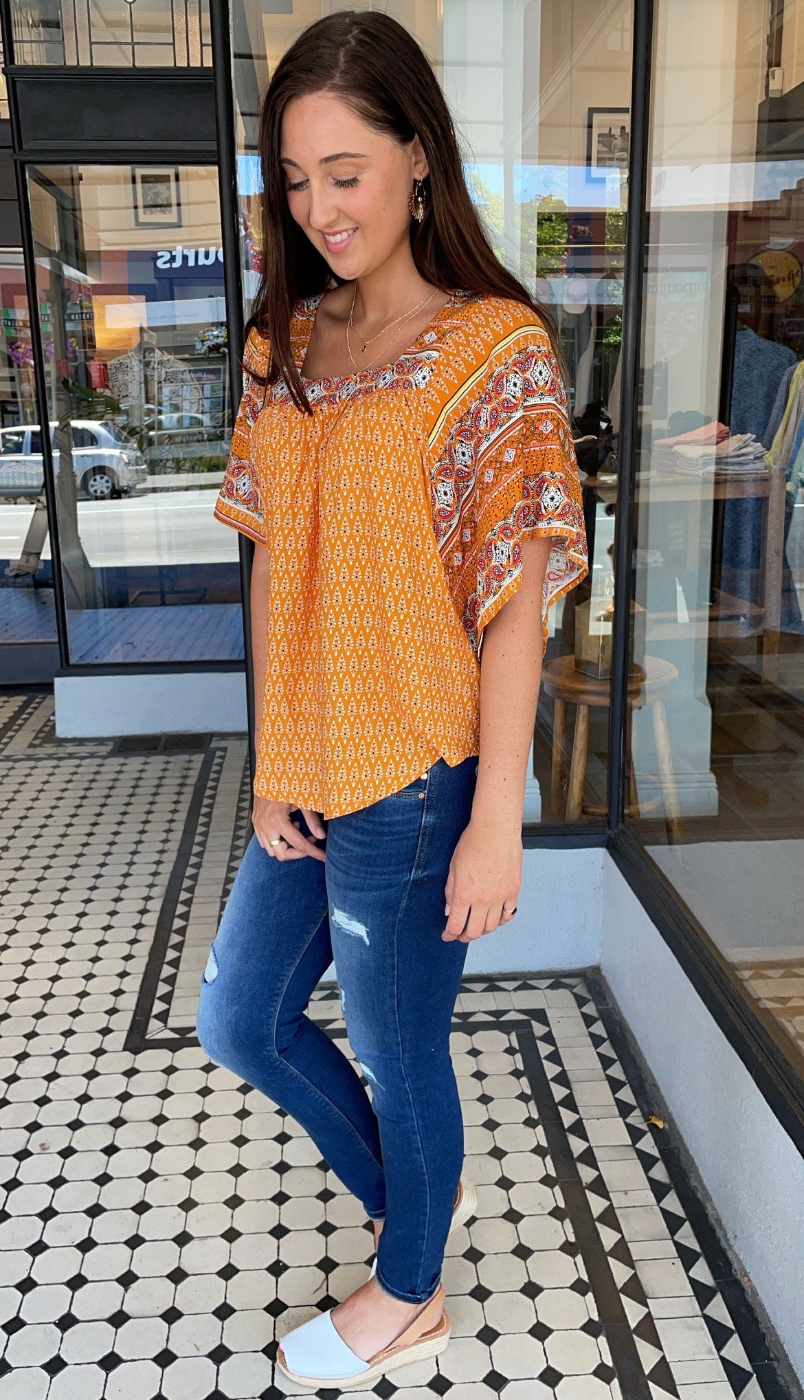 Priya Paisley Print Square Neck Top Pumpkin