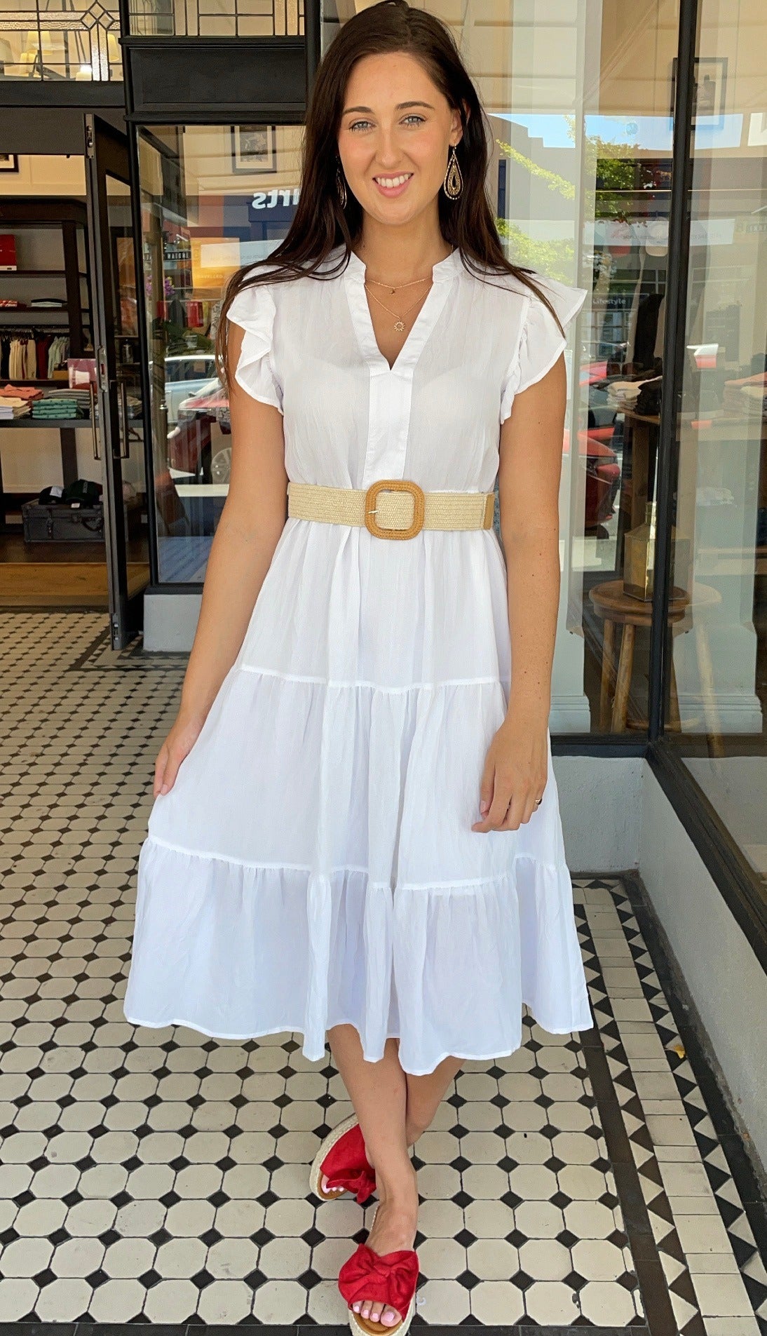 Jules V Neck Tiered Midi Dress Off White