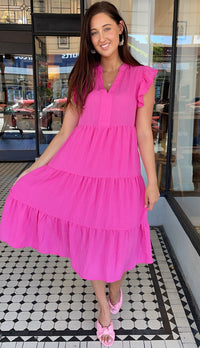 Jules V Neck Tiered Midi Dress Hot Pink