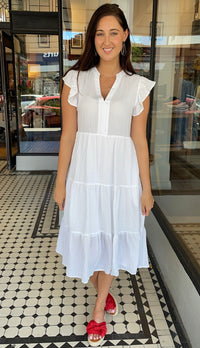 Jules V Neck Tiered Midi Dress Off White