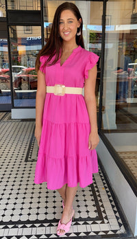 Jules V Neck Tiered Midi Dress Hot Pink