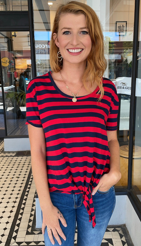 Lara Striped Knot Front Top Red/Navy