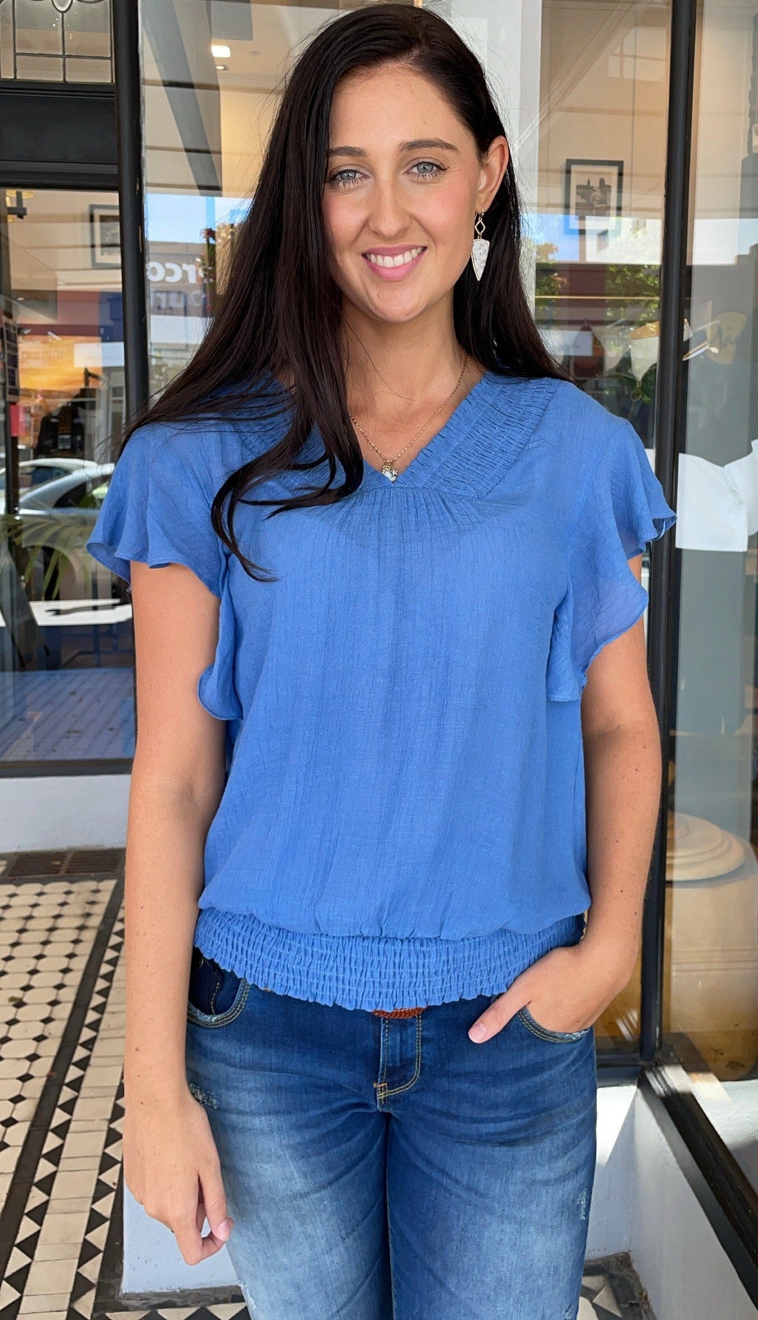 Fiona Smocked V Neck Top Dusty Blue