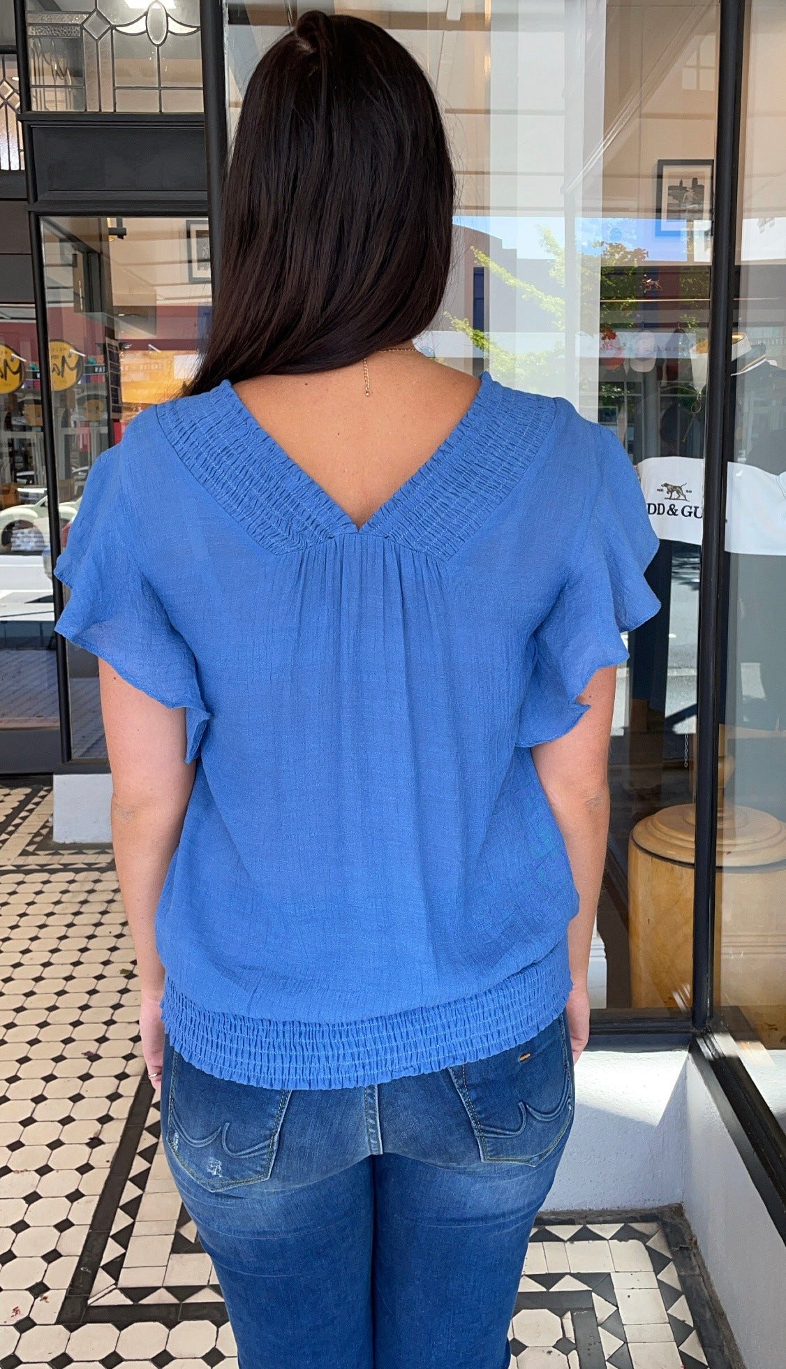 Fiona Smocked V Neck Top Dusty Blue