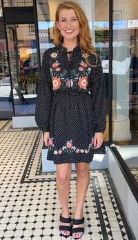 Polly Long Sleeve Embroidered Dress Black Dot