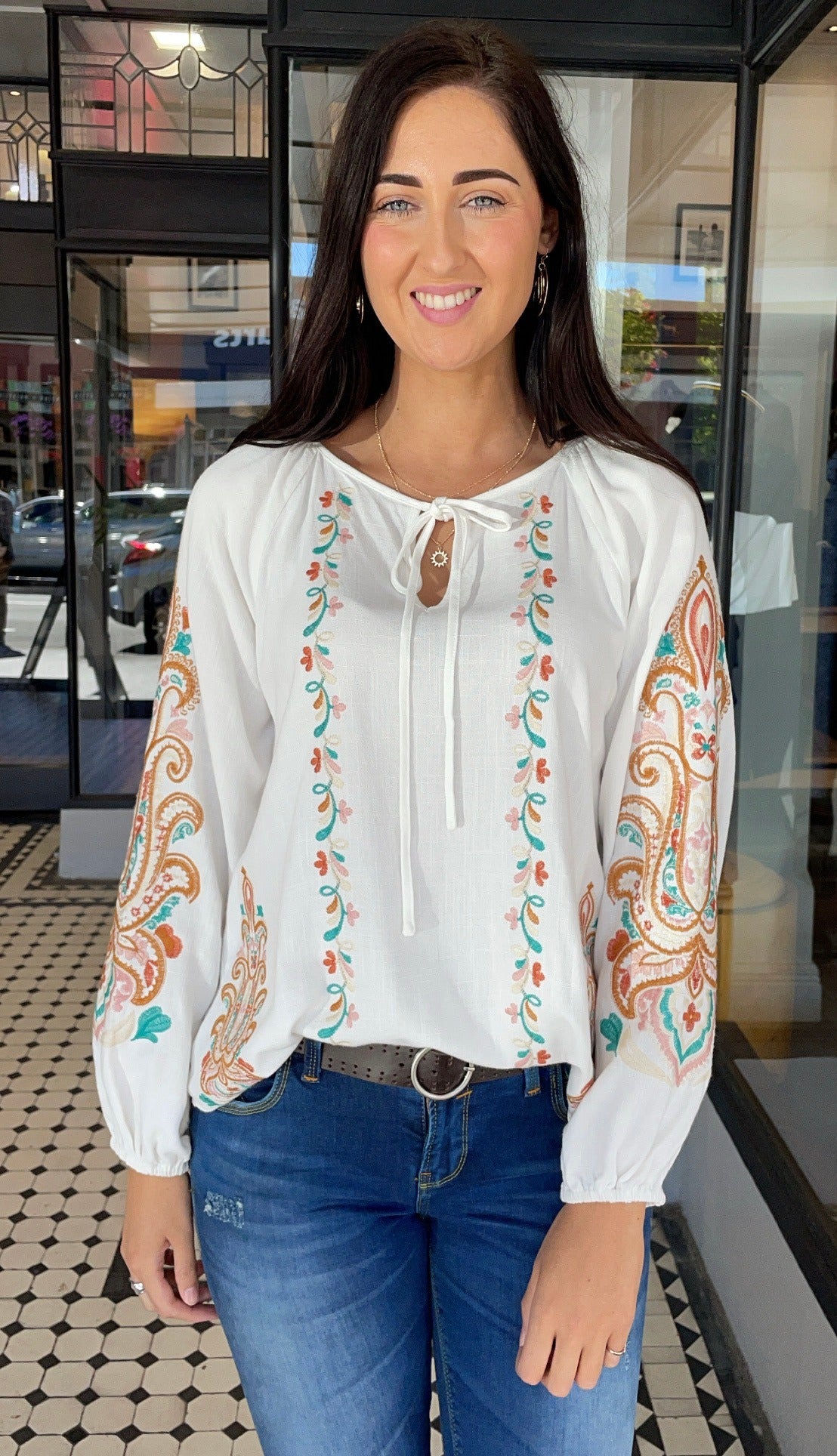 Woodstock Embroidered Long Sleeve Top