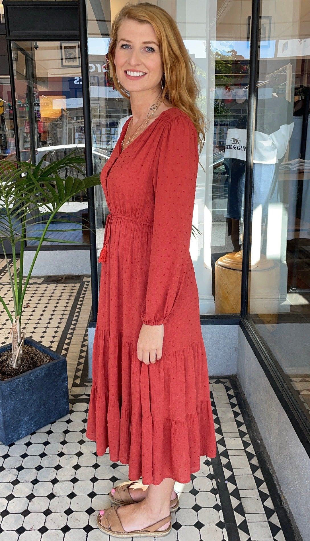 Rust button dress discount