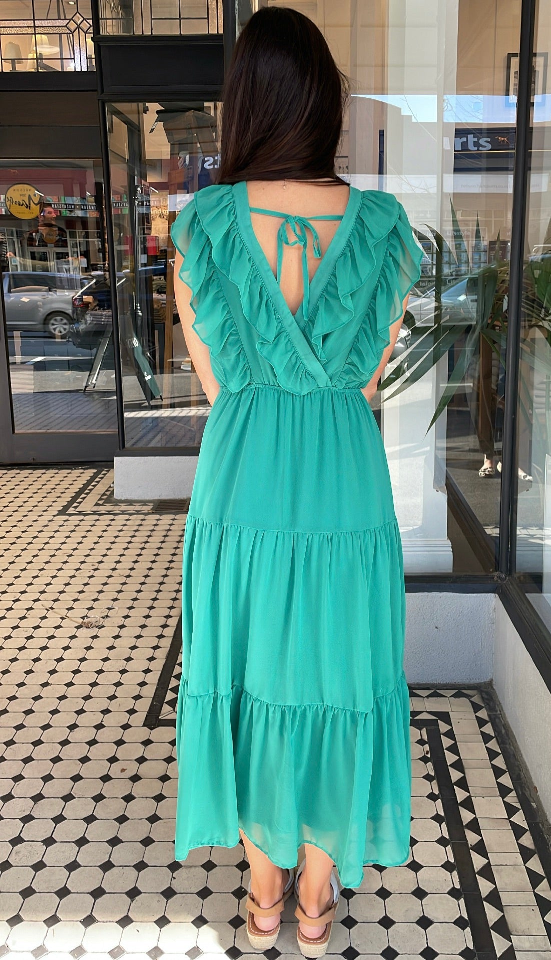 Serena Chiffon Tiered Midi Maxi Dress Dusty Emerald