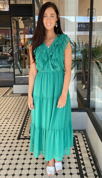 Serena Chiffon Tiered Midi Maxi Dress Dusty Emerald