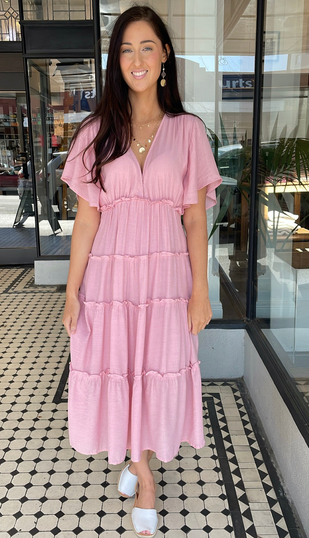 Val Textured Tiered Midi Dress Dusty Pink